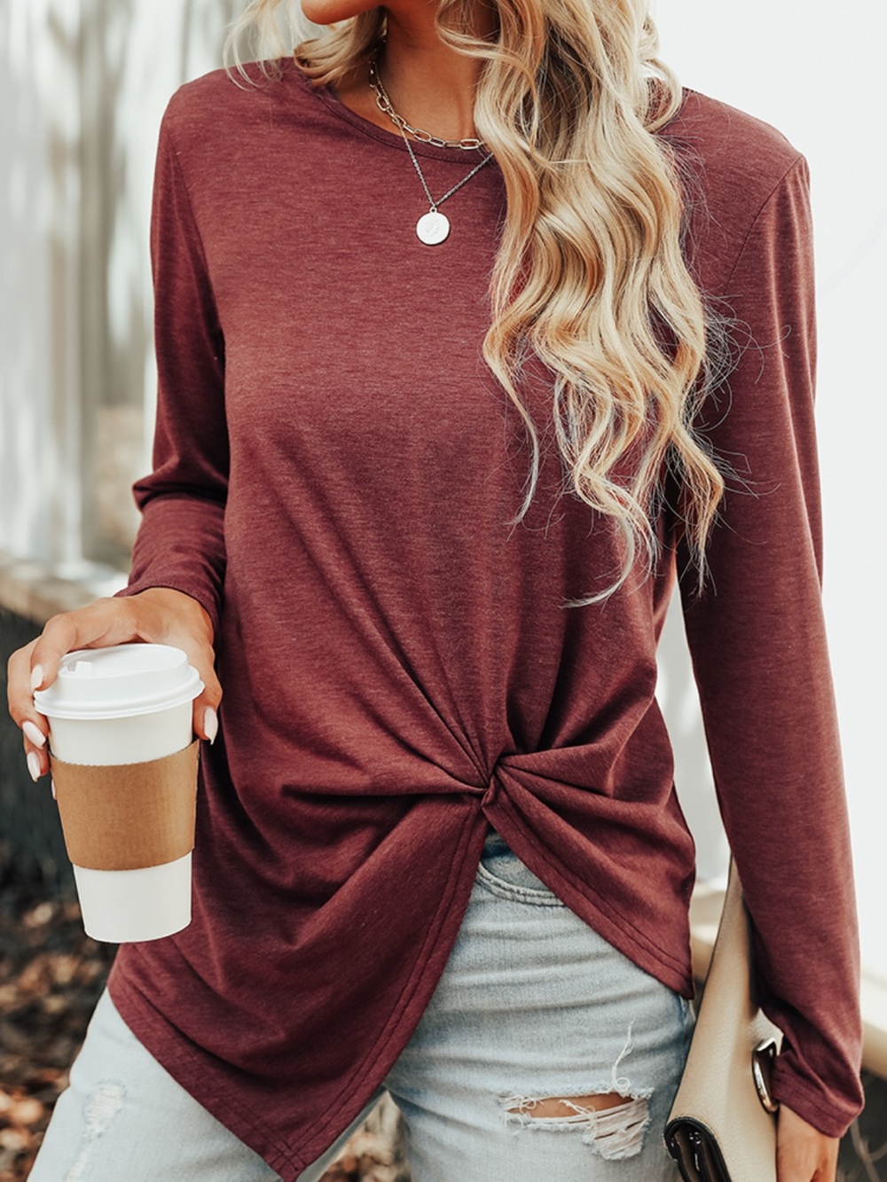 Never Worn! Cupshe Red Slub-Knit Twist-Front Asymmetrical Hem Long Sleeve Tee